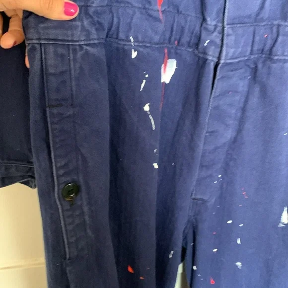 Artist coveralls, jumpsuit, patches and paint, drawstring bottoms, button up